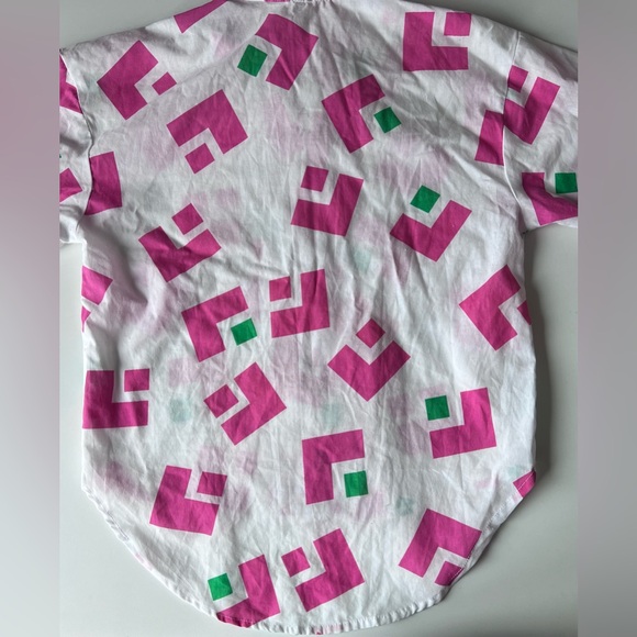 Vintage blouse short sleeves white with pink and green geometric patterns - Picture 5 of 5